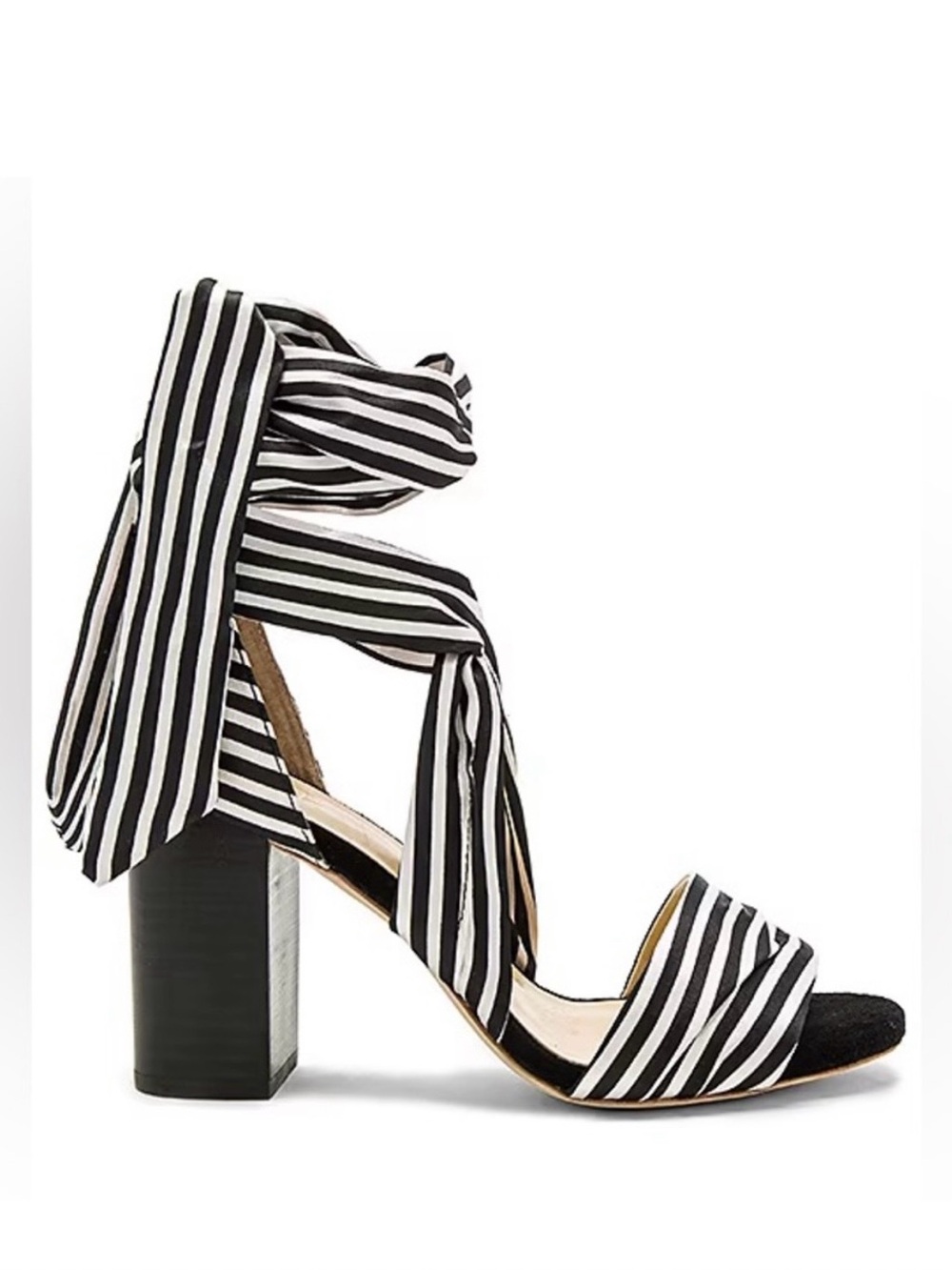 Raye Striped Ankle Tie Block Heel Sandal in Black and White